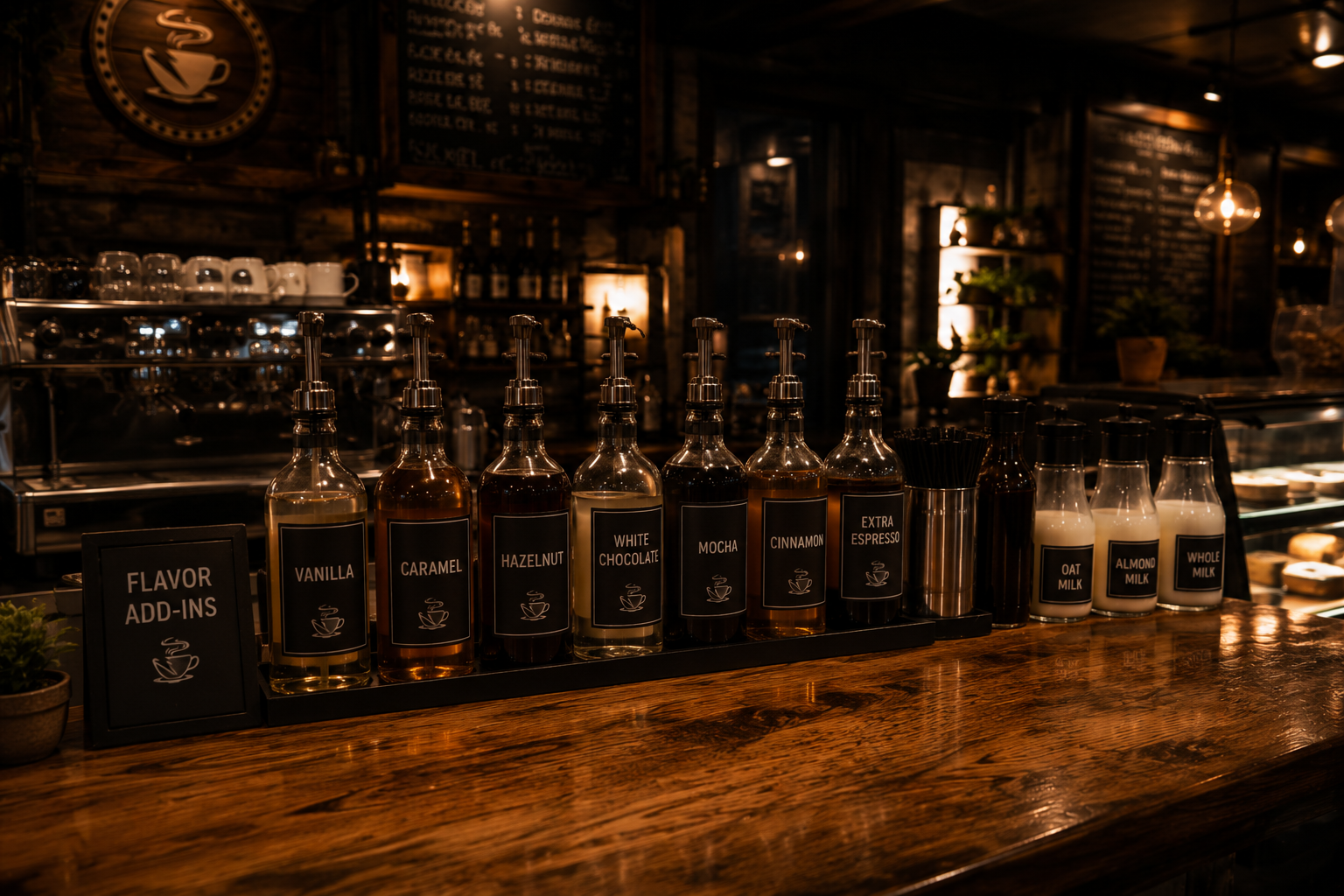Flavor bottles at the coffee bar