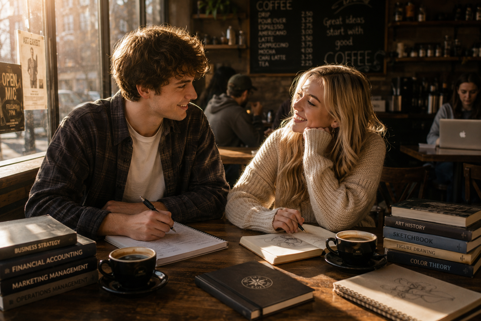 Emily and Michael talking over coffee