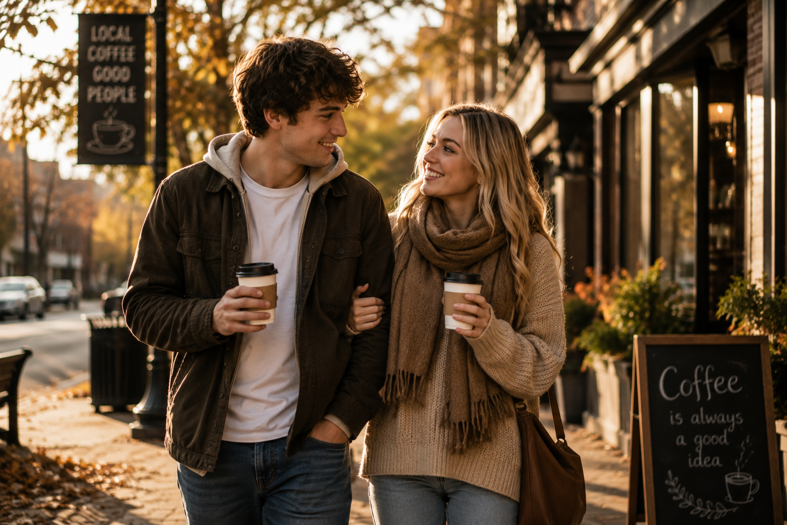 Emily and Michael walking with coffee