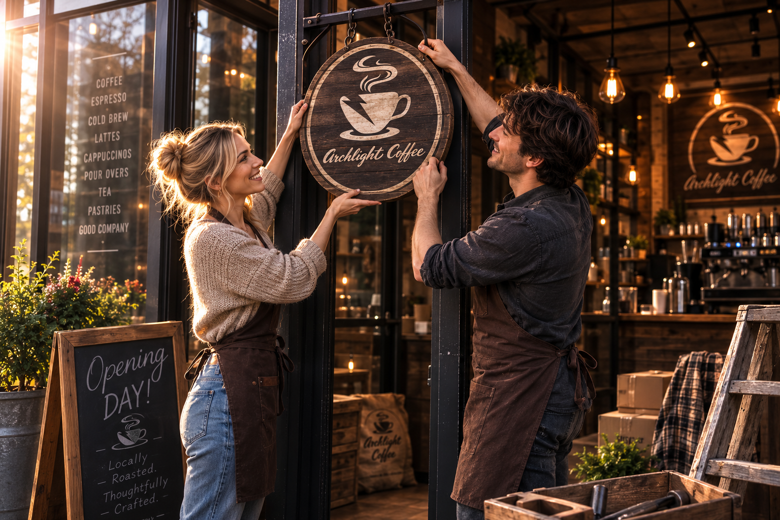 Emily and Michael preparing Arclight Coffee for opening